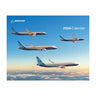 Four Boeing airplanes fly above the clouds under a blue sky. The Boeing logo appears top left, while 2026 Boeing Calendar is displayed top right, highlighting the brands innovative aerospace products in flight.