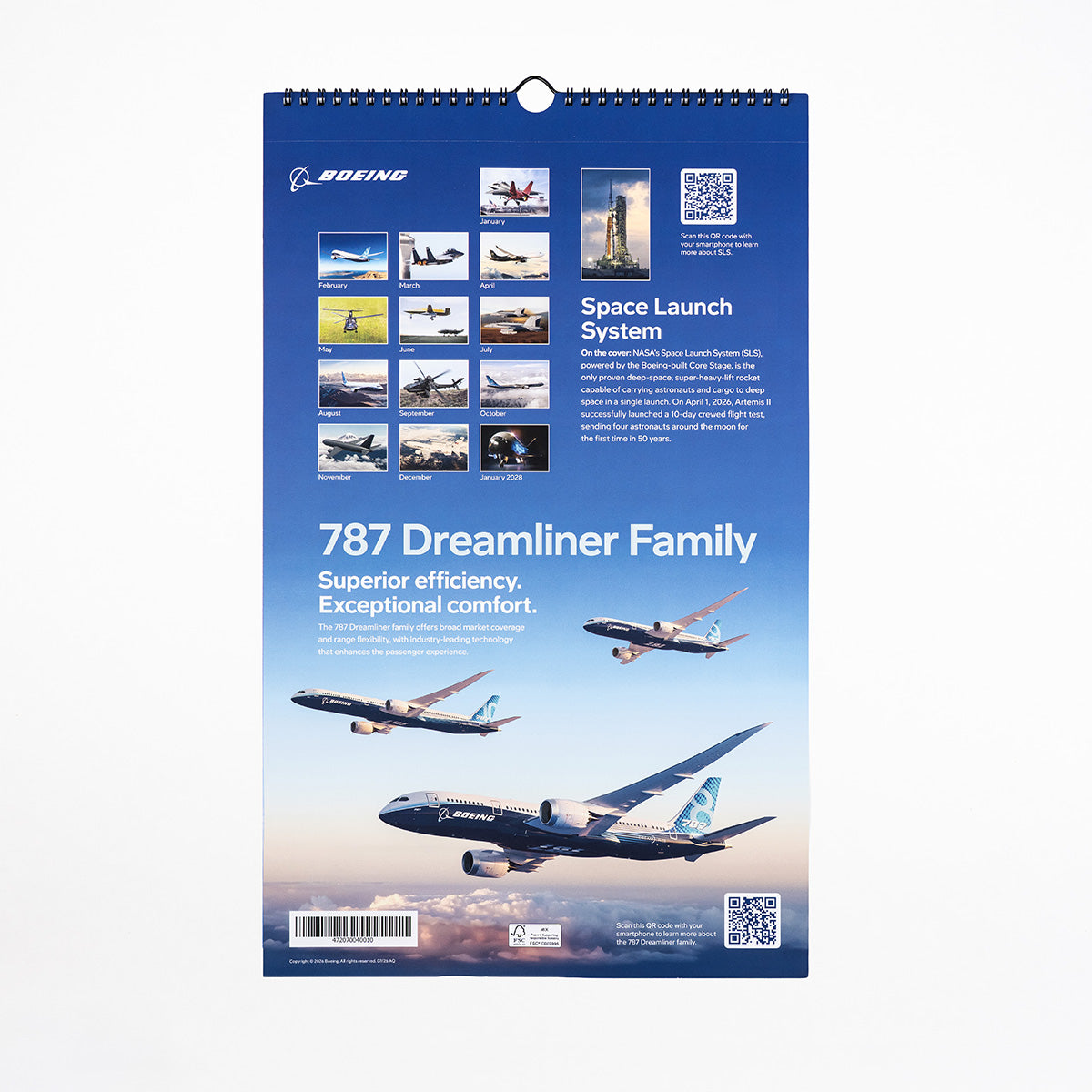 The Boeing 2027 Wall Calendar by BOEING showcases a captivating collection of aerospace imagery, including a dramatic rocket launch and two Boeing 787 Dreamliner jets flying high above the clouds. The featured text emphasizes the aircraft’s efficiency and comfort, while exclusive aviation-themed posters make this calendar a must-have for enthusiasts.