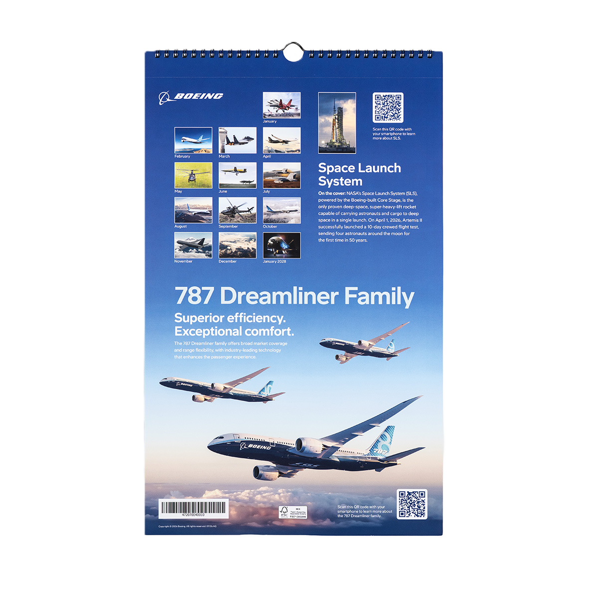 The BOEING 2027 Wall Calendar features stunning images of 787 Dreamliner aircraft in flight, smaller photos of various planes, and details about the Space Launch System, all set against a blue background with the iconic Boeing logo—making it a perfect addition to any 2027 aerospace calendar collection.