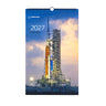 The BOEING 2027 Wall Calendar showcases a striking image of a rocket poised on a launch pad at sunset against a dramatic sky. This aerospace calendar is spiral-bound at the top.