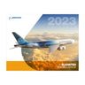 The 2023 Boeing Calendar cover features a Boeing airplane flying above sunset clouds, with "ecoDemonstrator" branding and "Elevated Excellence" at the bottom right.