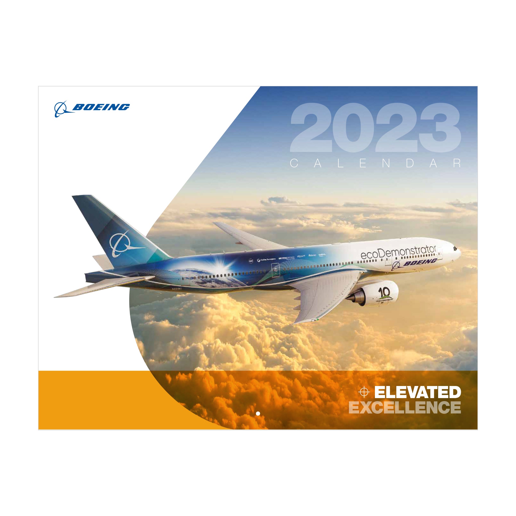 The 2023 Boeing Calendar cover features a Boeing airplane flying above sunset clouds, with "ecoDemonstrator" branding and "Elevated Excellence" at the bottom right.