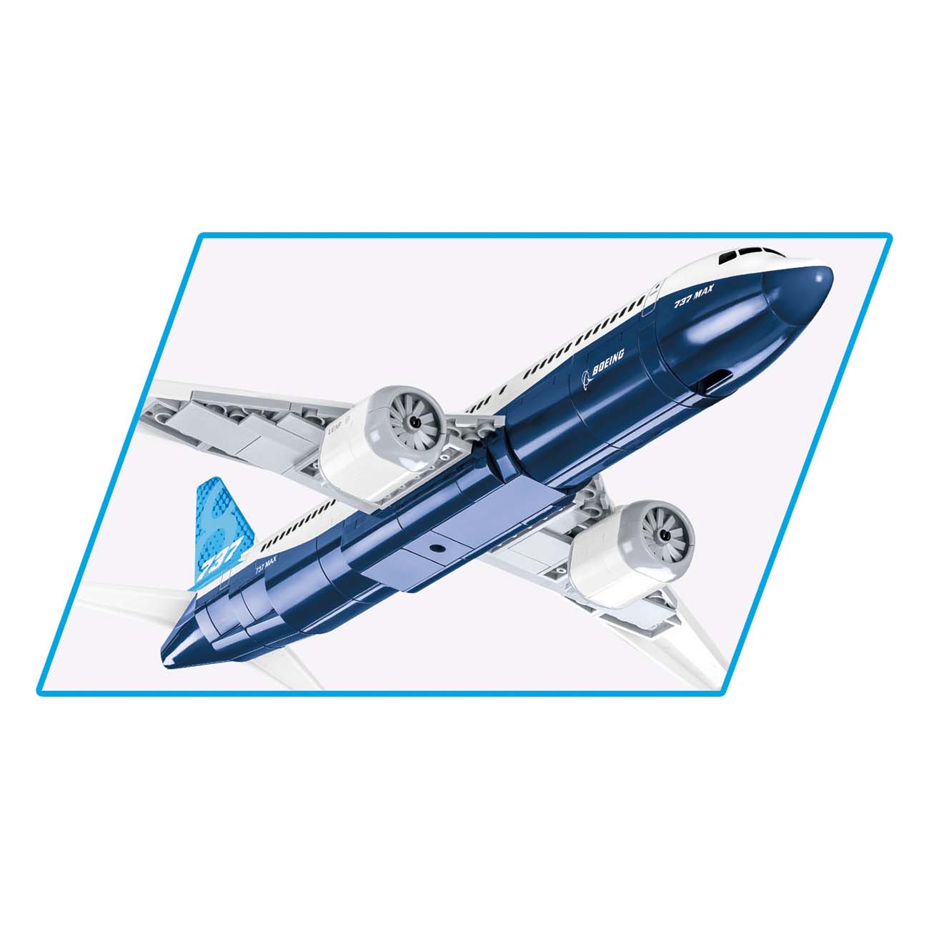 The COBI Boeing 737-8 Builder Set from The Boeing Store showcases a blue and white aircraft in flight, seen from below against a light blue-outlined rectangle. It features two large engines with dynamic elements and a visible tail design.