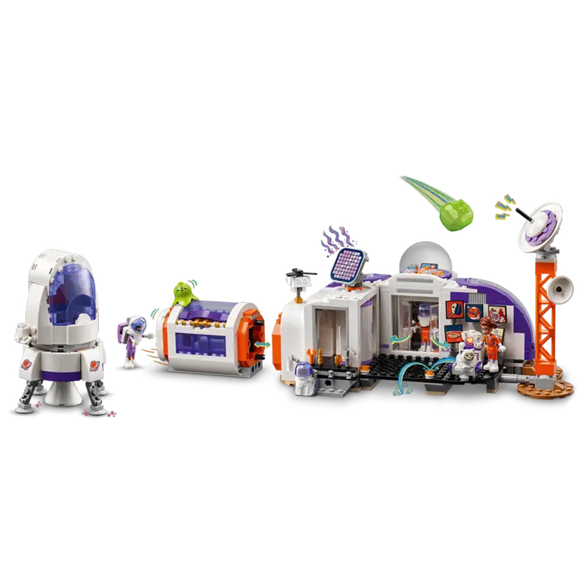 The LEGO Mars Space Base and Rocket playset by LEGO features astronauts, an alien, a science lab, rocket, satellite dish, and a green comet—perfect for imaginative Martian exploration adventures.