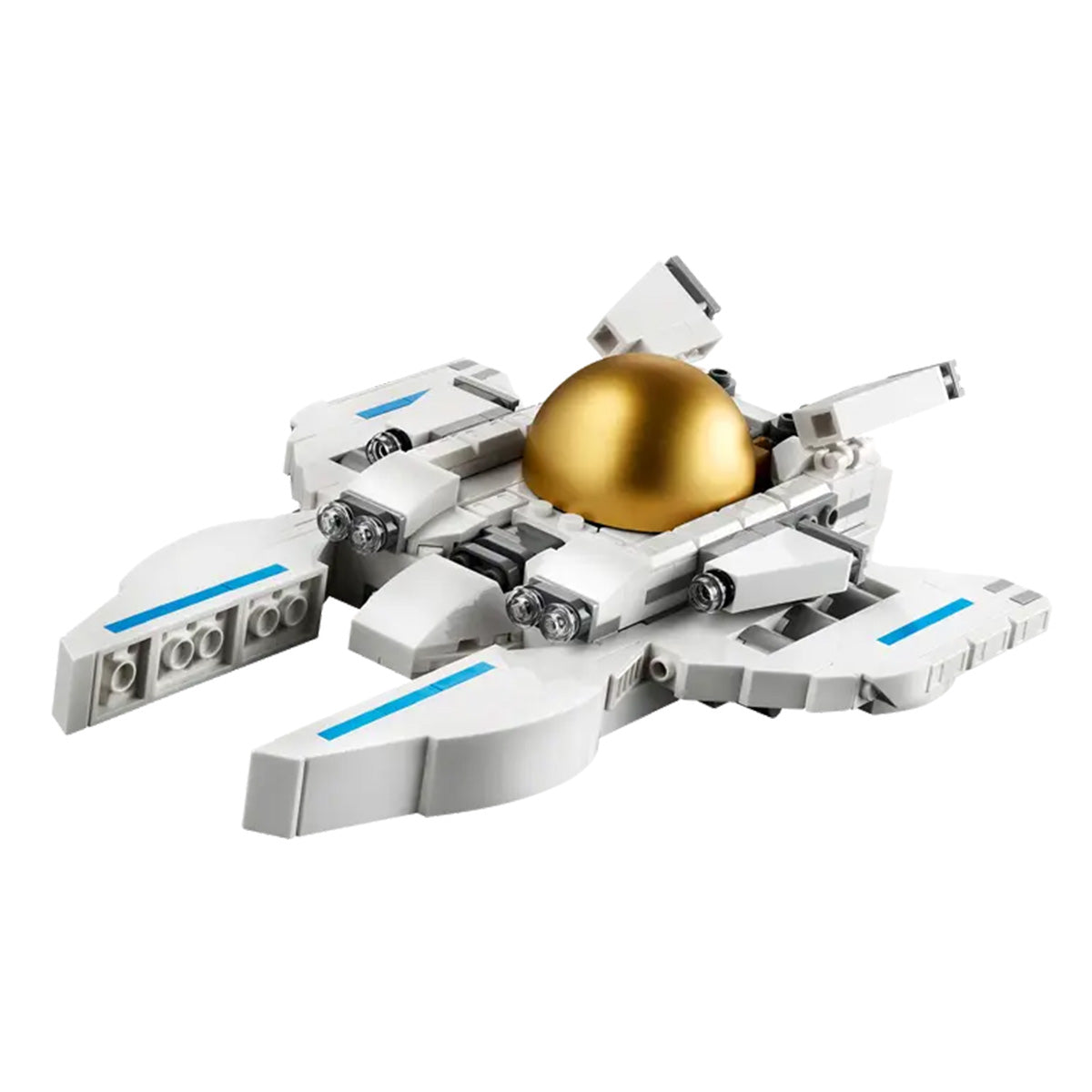 The LEGO® Space Astronaut by LEGO features a white spaceship with blue accents, angular wings, and a shiny gold dome center reminiscent of a space viper jet, shown against a plain white background.