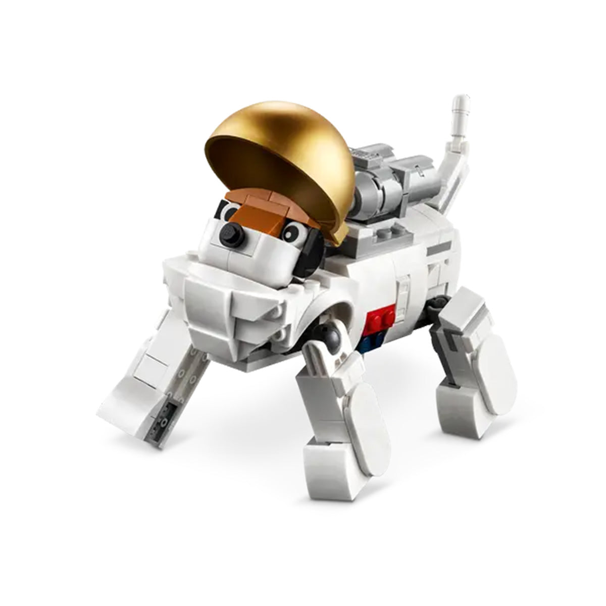 The LEGO® Space Astronaut set from LEGO features a white dog wearing a gold helmet, with mechanical details and colorful accents, capturing the playful spirit of the Creator series.