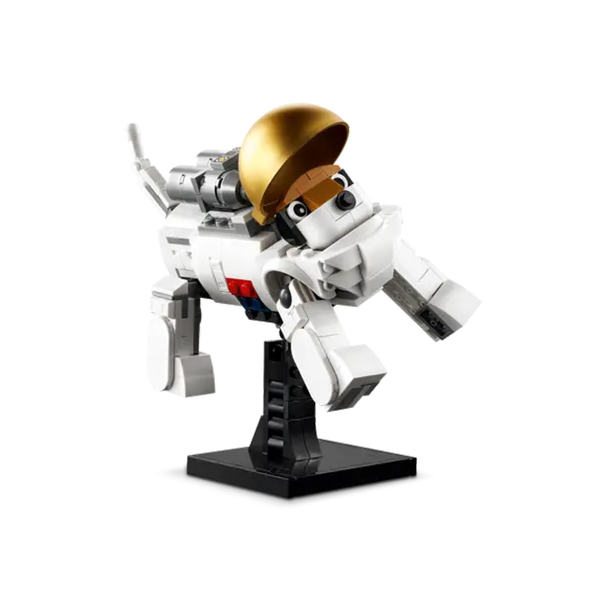 The LEGO® Space Astronaut by LEGO features a dog with a gold helmet and jetpack on a black stand, inspired by viper jet space adventures and displayed against a white background.