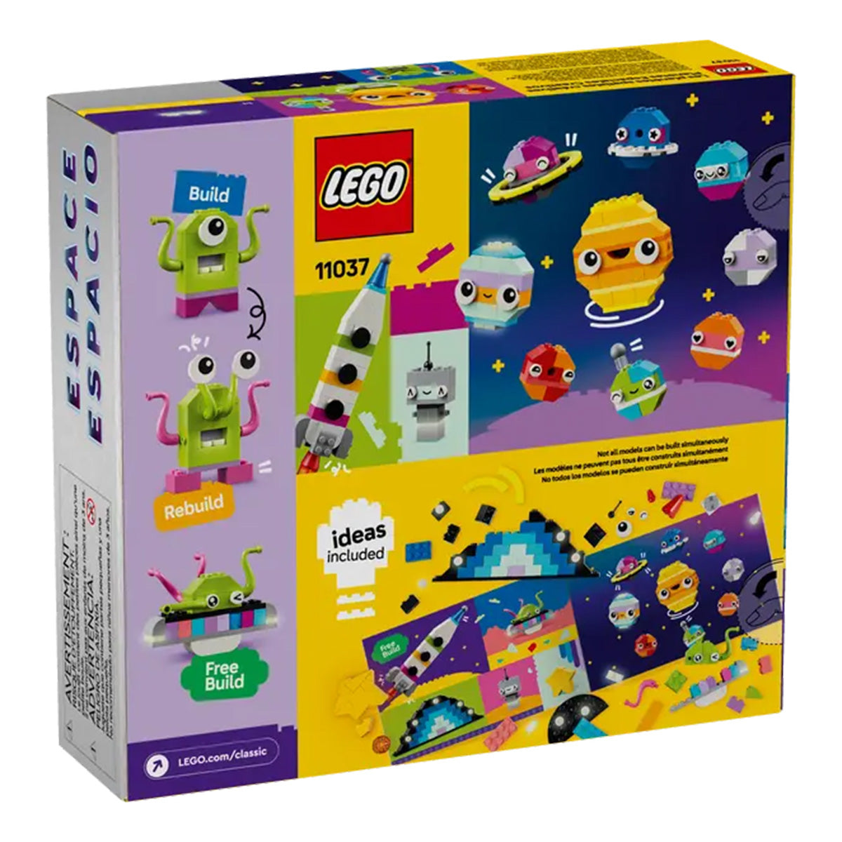 The back of the LEGO® Creative Space Planets box shows vibrant cartoon robots, a space shuttle, and planets, with instructions, build ideas, playful art, and glow-in-the-dark bricks—all in bright yellow and purple design.