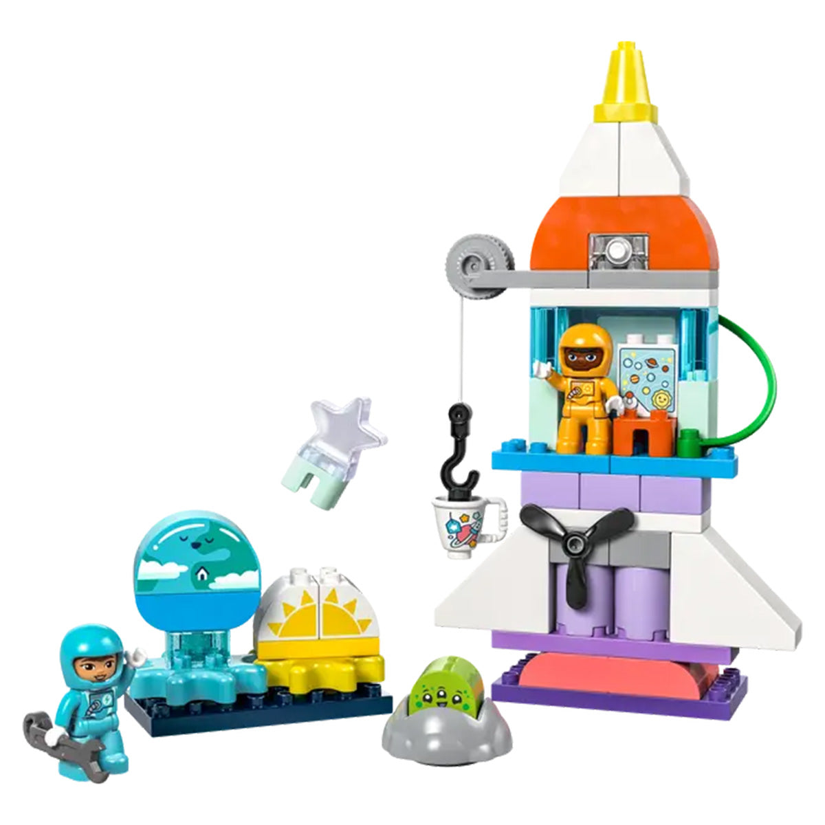 The LEGO® DUPLO 3-in-1 Space Shuttle Adventure by LEGO includes two astronaut figures, a robot-like creature, planet, star, accessories, and a shuttle with moveable parts, a bucket lift, and a transparent blue window for imaginative play.