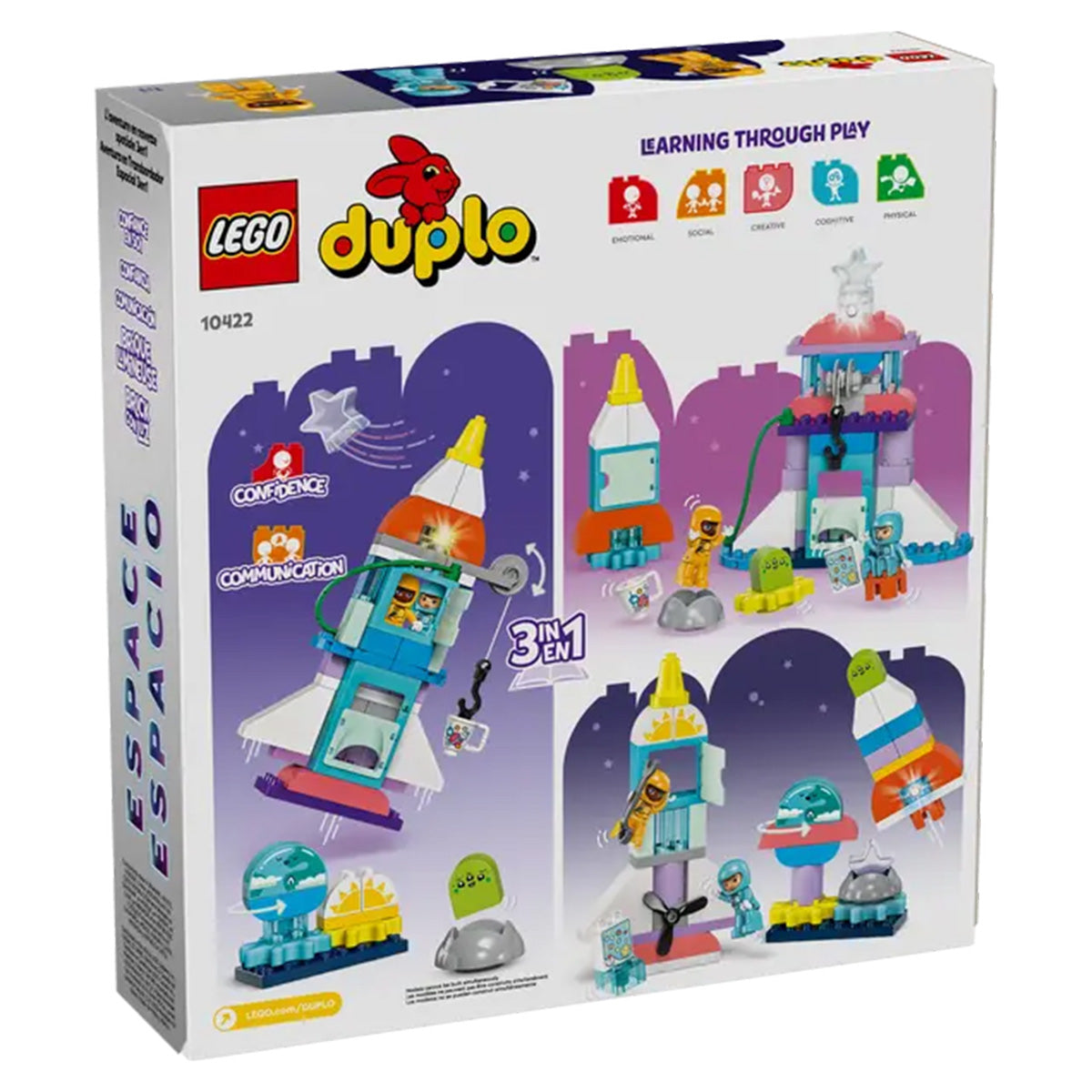 Back of a LEGO® DUPLO 3-in-1 Space Shuttle Adventure box, featuring rockets, astronauts, aliens, and planets. Packaging highlights 3-in-1 build options, imaginative play, and learning through play and communication.