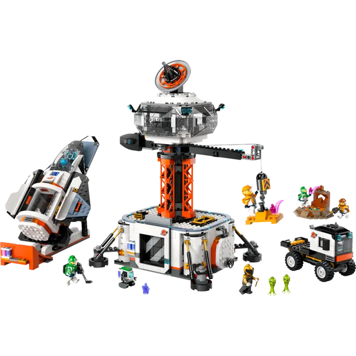 The LEGO® Space Base and Rocket by LEGO features a space station with antenna, rocket, rover, crew minifigures, aliens, and accessories—an exciting playset for exploration, pictured against a white background.
