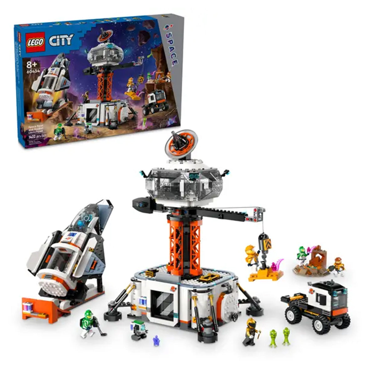 LEGO® Space Base and Rocket by LEGO includes a space station, rocket, rover, exploration accessories, and crew minifigures. The box displays the assembled set against a starry space scene.