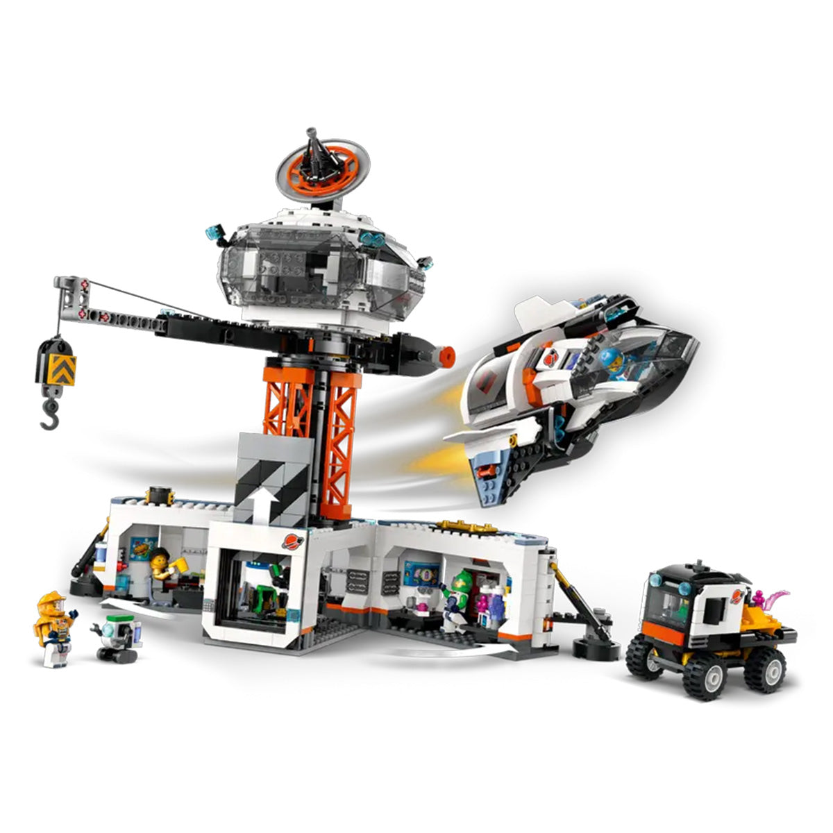 LEGO® Space Base and Rocket by LEGO features a futuristic control center, spaceship, truck, crane, robot figures, and three crew minifigures for imaginative space exploration play.