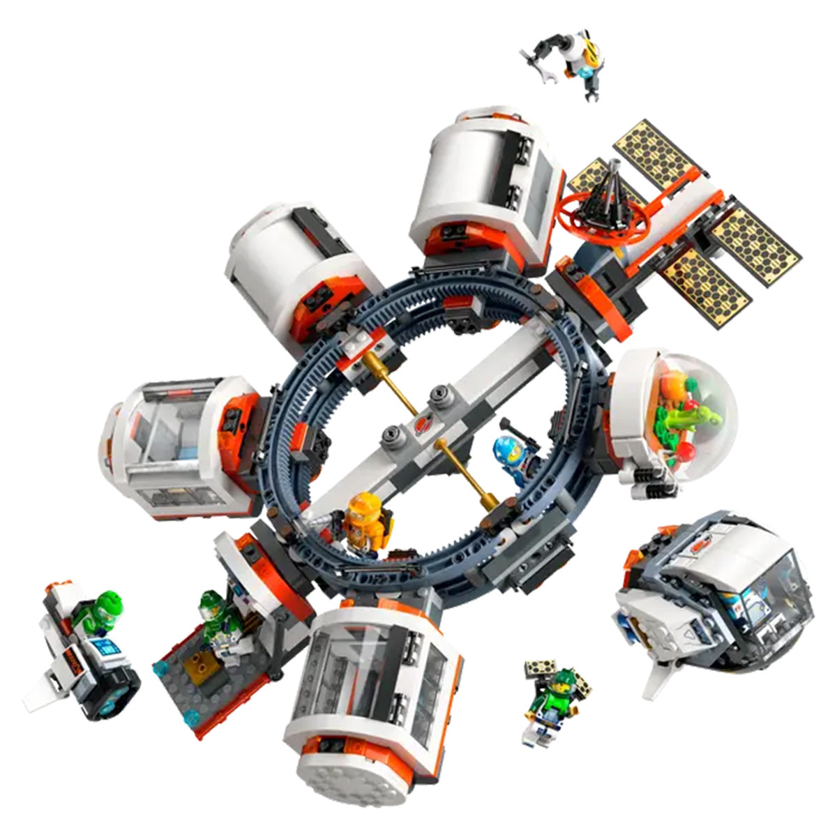 The LEGO® Modular Space Station by LEGO features interconnected circular modules, solar panels, and space crew mini-figures in spacesuits enjoying adventures inside and outside the station, all set against a white background.