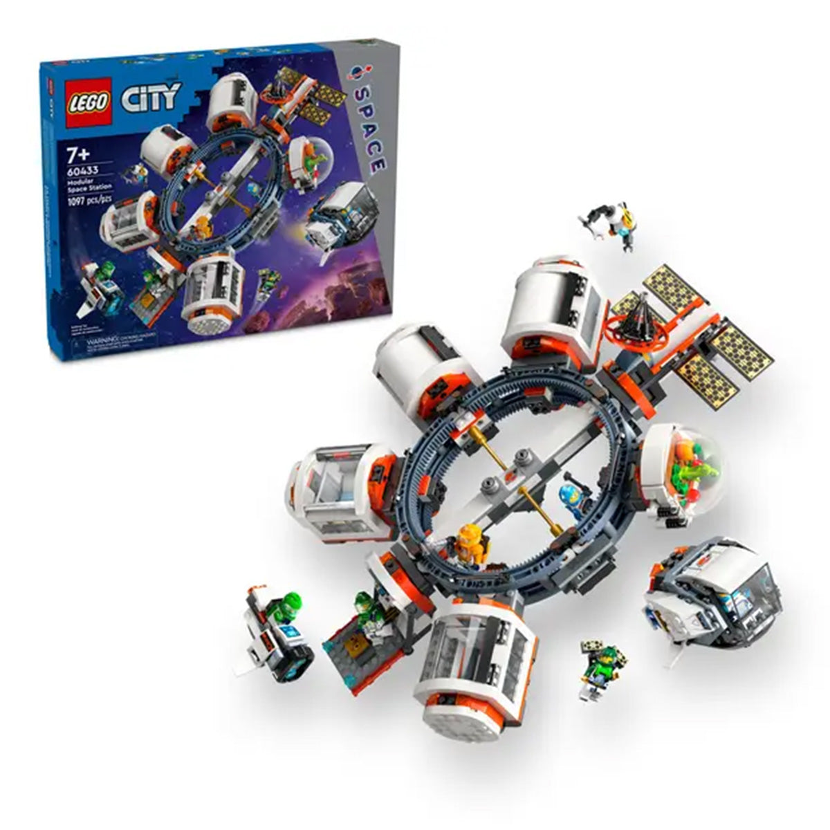 The LEGO® Modular Space Station by LEGO features a circular modular design with white and orange accents, multiple small modules, space crew mini-figures, and packaging displaying the set with background artwork.