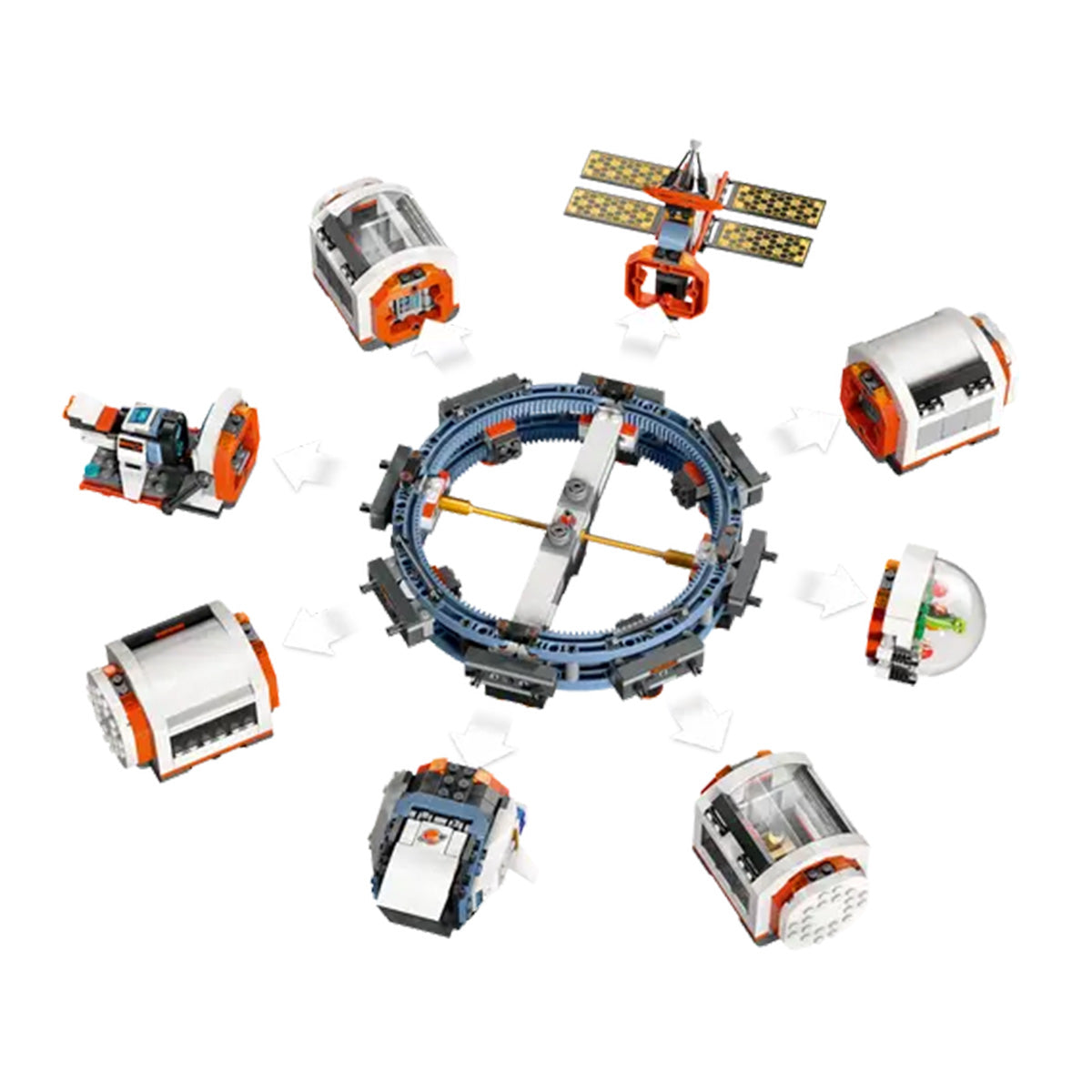 The LEGO® Modular Space Station by LEGO features a circular hub with eight detachable modules, such as a satellite and science quarters—ideal for imaginative space missions with your mini-figures.