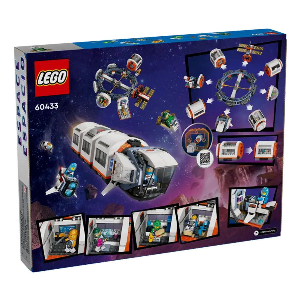 The back of the LEGO® Modular Space Station box displays a starry scene, highlighting space crew minifigures exploring modular rooms and exciting features, with assembly instructions also shown.