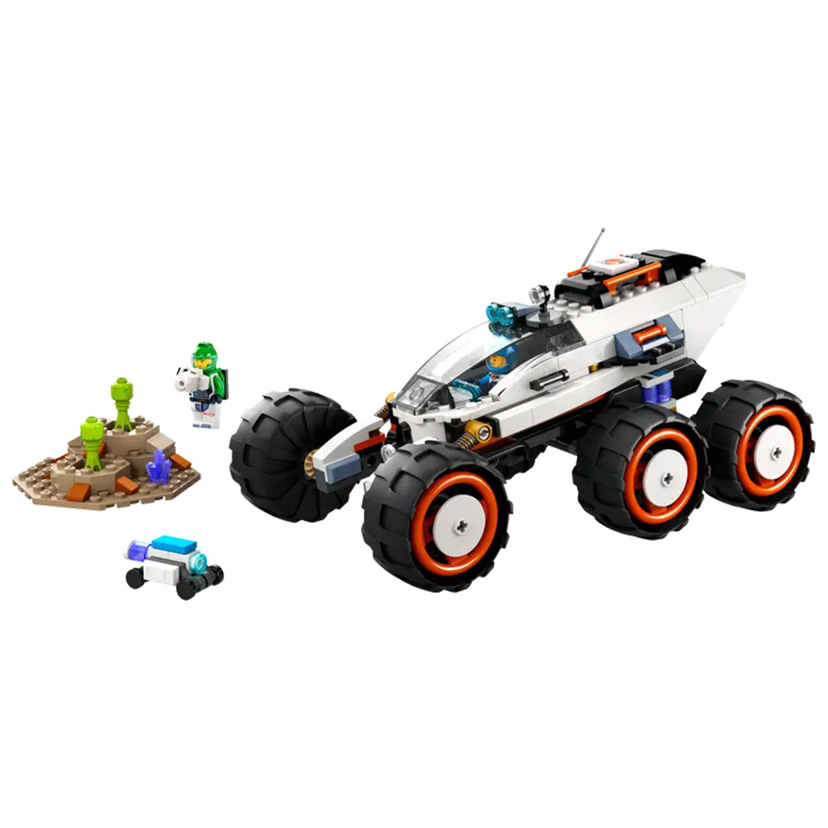 The LEGO® Space Explorer Rover by LEGO features advanced suspension, six large wheels, orange accents, a rocky terrain piece, two green alien figures, space crew mini-figures, and a small robot accessory.