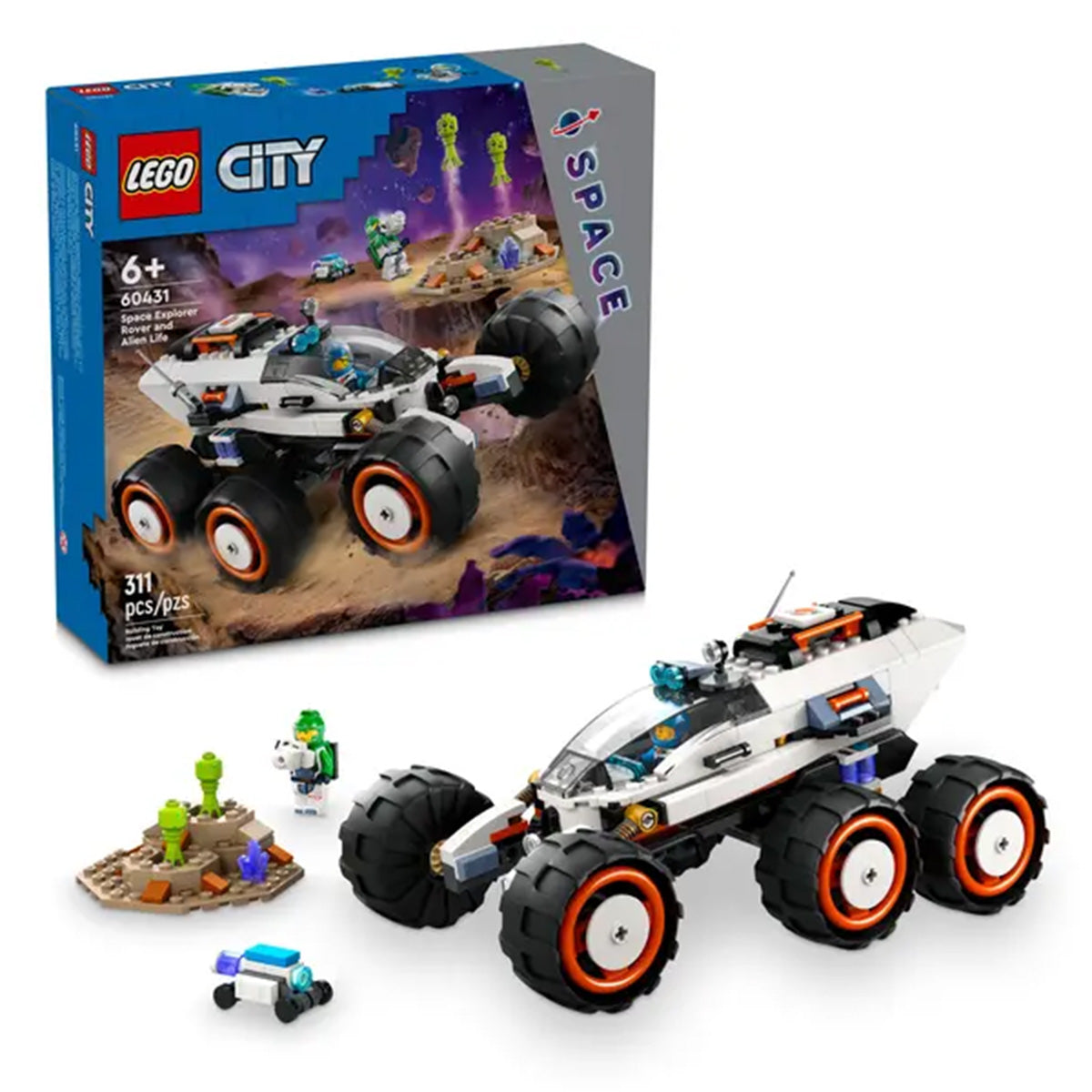 The LEGO® Space Explorer Rover by LEGO includes advanced suspension, 2 space crew minifigures, small alien figures, terrain accessories, and 311 pieces. Recommended for ages 6+, as shown on the box.