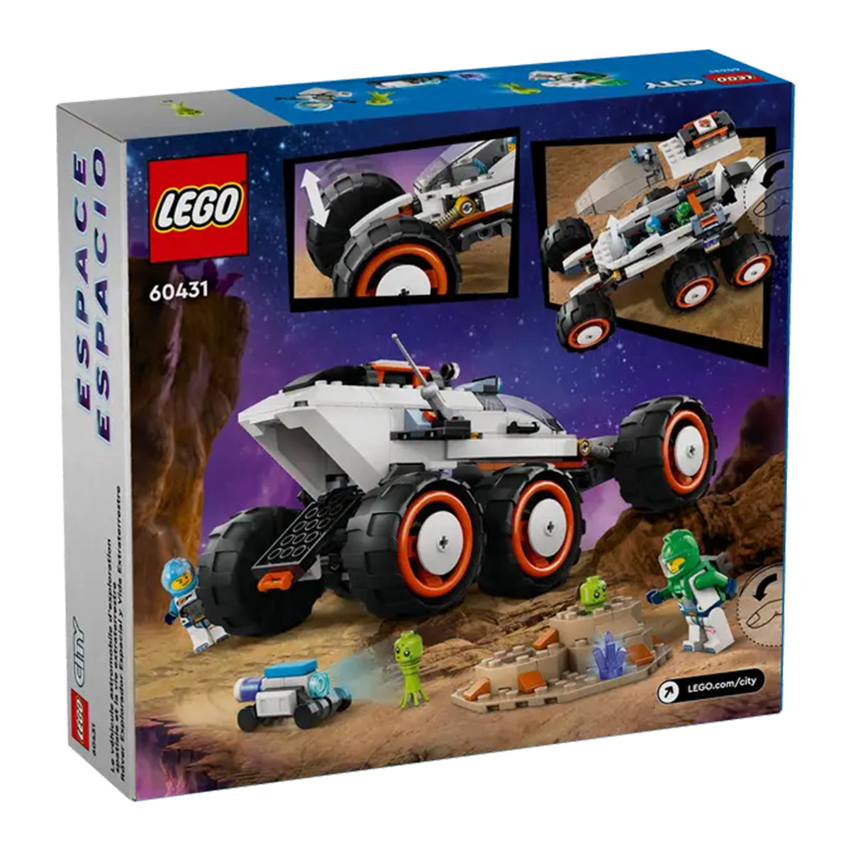 The LEGO® Space Explorer Rover box by LEGO shows the rover with advanced suspension, six wheels, crew minifigures, green aliens, and rocky terrain in starry space. Set number 60431 is shown on the packaging.