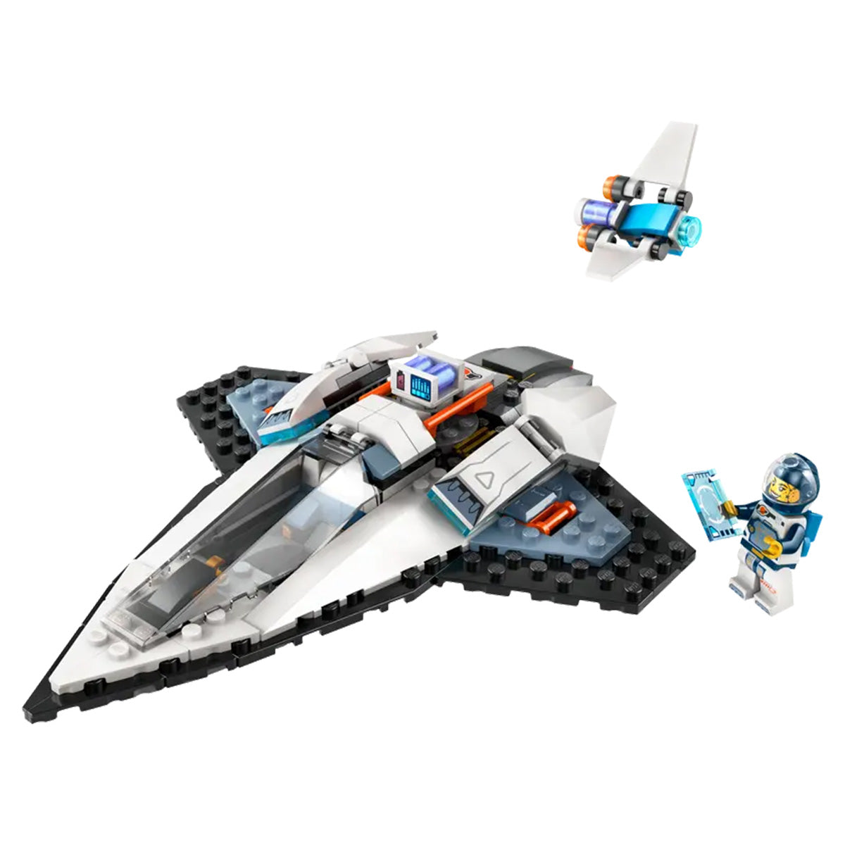 The LEGO® Interstellar Spaceship by LEGO features a black and white ship, flying drone, and blue-suited astronaut with a map. Perfect for space fans! Build more adventures using the LEGO Builder app. White background.