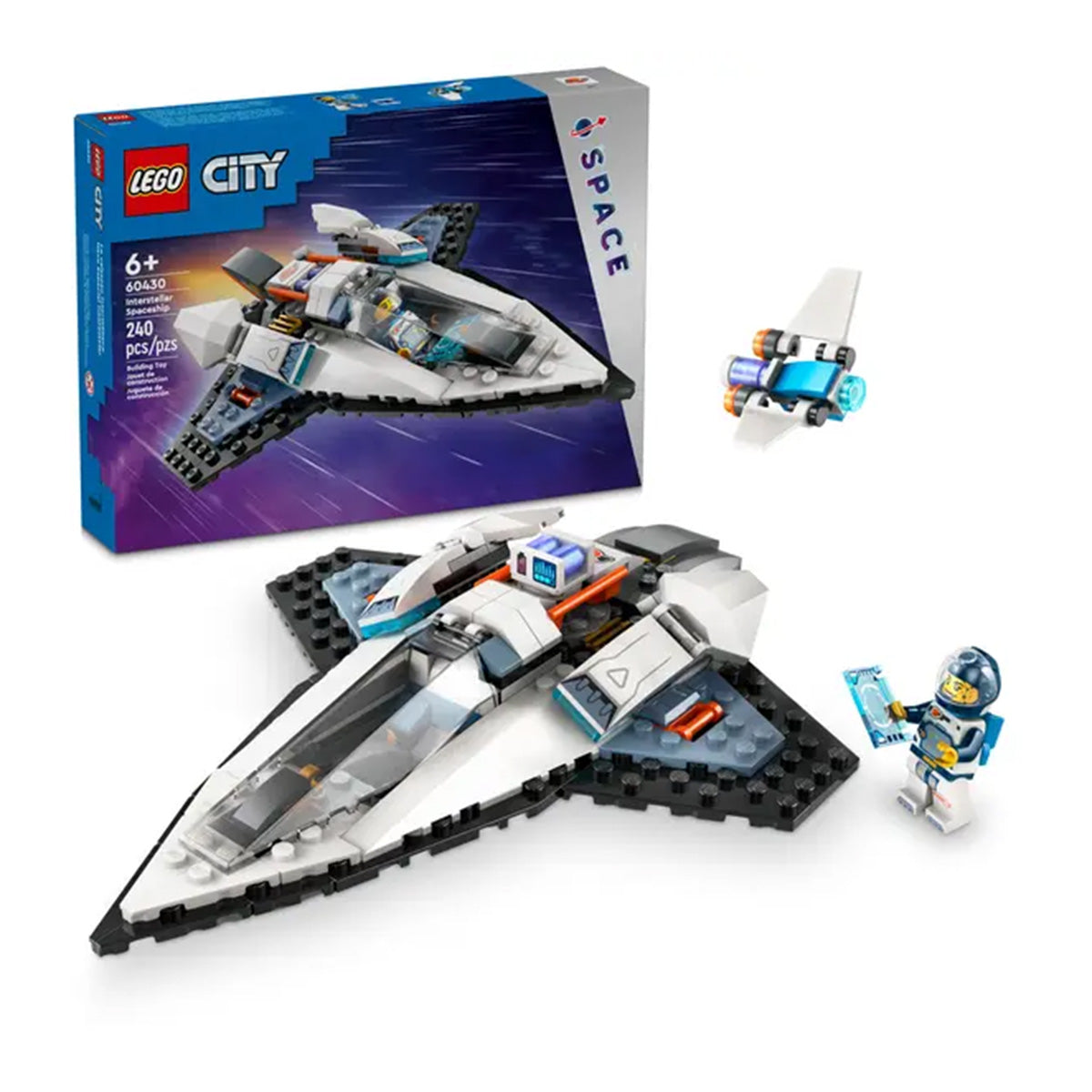 The LEGO® Interstellar Spaceship by LEGO features a white and black spaceship, a small drone, an astronaut minifigure with tablet, and 240 pieces. Build it using the LEGO Builder app! Recommended for ages 6+.