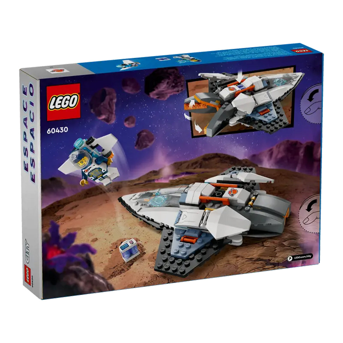 The LEGO® Interstellar Spaceship set by LEGO features an astronaut minifigure and robot on a rocky, alien planet with asteroids and a starry purple sky—ideal for young space explorers. Compatible with the LEGO Builder app!.