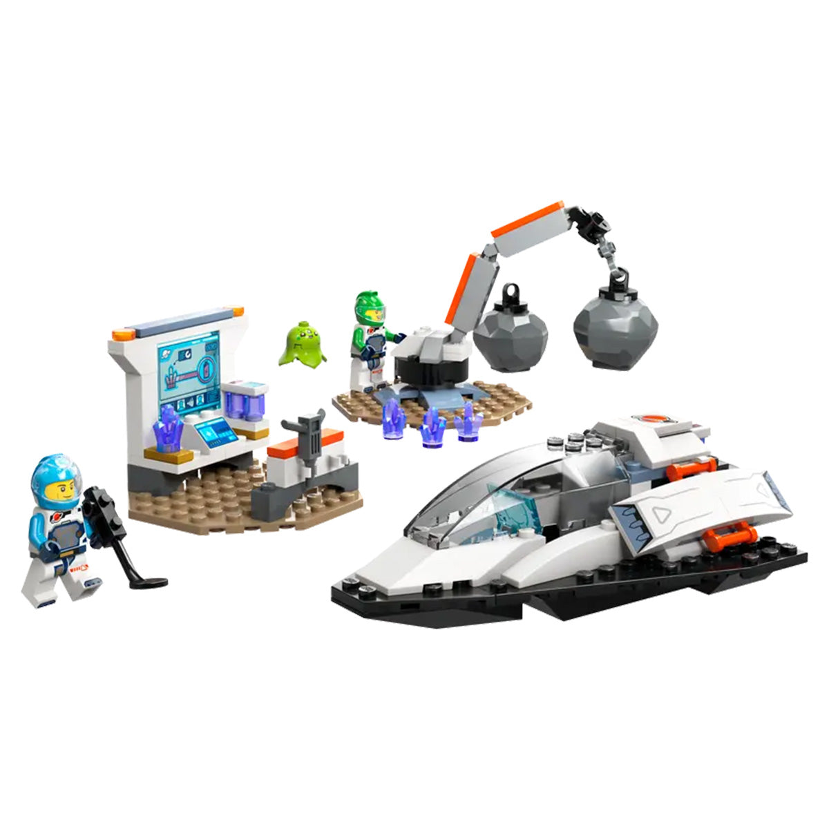 Ideal for budding explorers, the LEGO® Spaceship and Asteroid Set by LEGO includes two astronaut minifigures, an alien, high-tech gear, a control panel, sleek spaceship, purple crystals, and a mechanical arm with wrecking balls for cosmic adventures!.