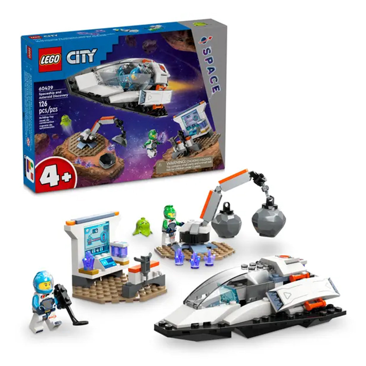 The LEGO® Spaceship and Asteroid Set by LEGO includes a spaceship, two astronaut minifigures, a robot, and more—ideal for young space fans. Box packaging is shown in the background.