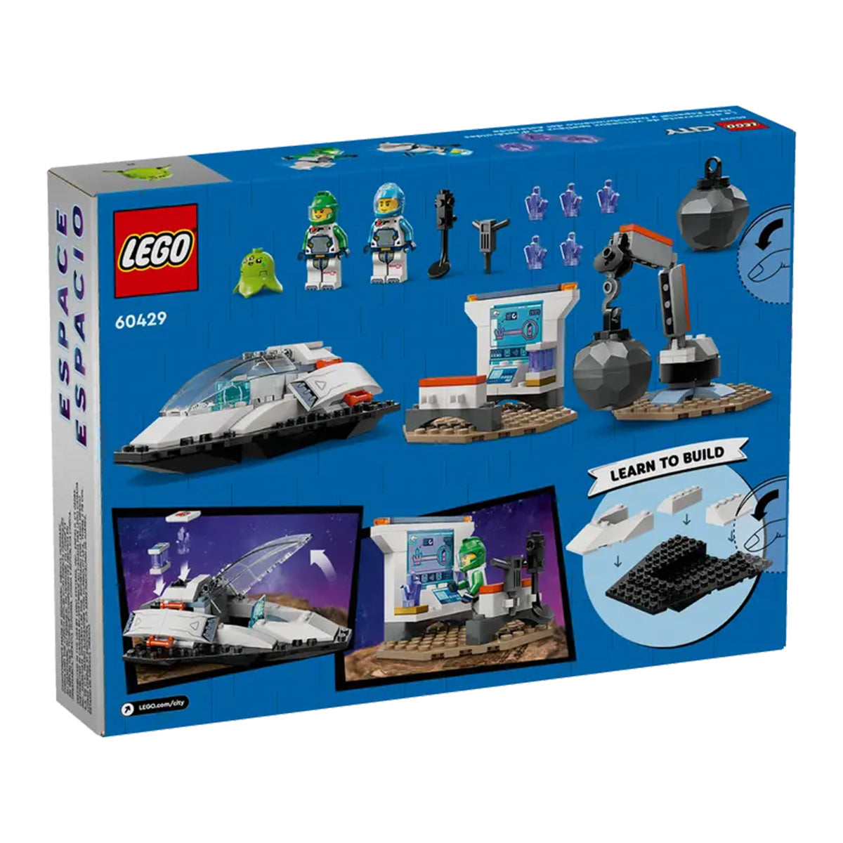 Back of the LEGO® Spaceship and Asteroid Set box shows two astronaut minifigures, a green alien, a spaceship, lab station, and meteorite—perfect for young space fans seeking galactic adventures.