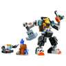 A LEGO® Space Construction Mech minifigure with a yellow helmet and big mechanical arms stands by blue crystals and a small white robot buddy—perfect for space adventures! Enhance your build with the LEGO Builder app.