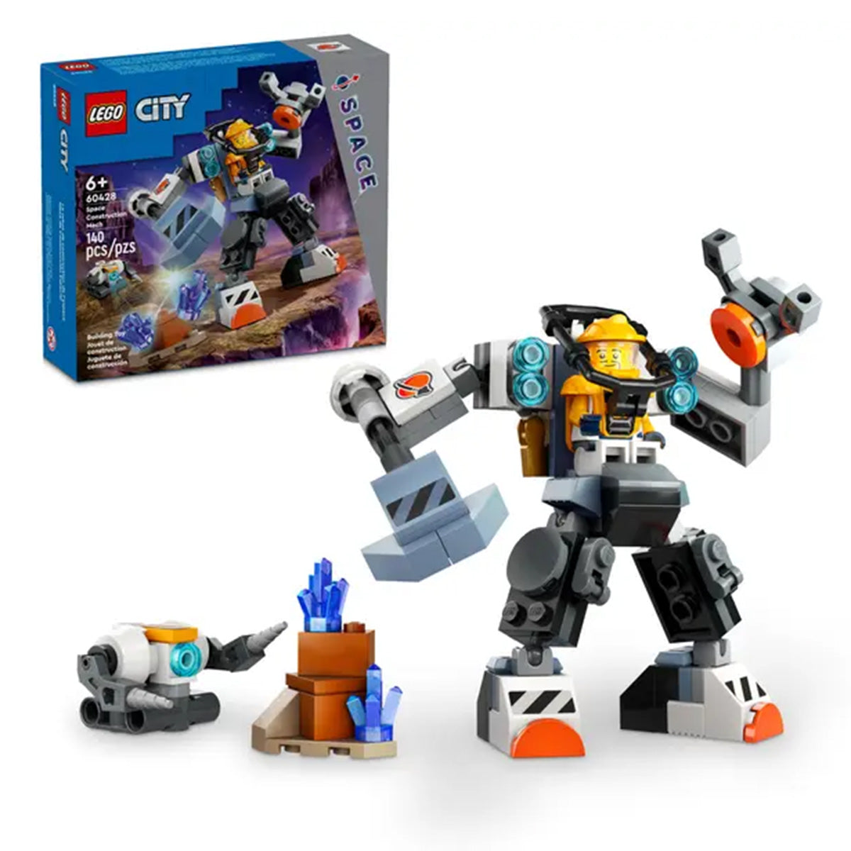 LEGO® Space Construction Mech set includes a mech, yellow-suited minifigure, robot, blue crystals, and a box for epic space adventures! Product box in the background. Build digitally with the LEGO Builder app.