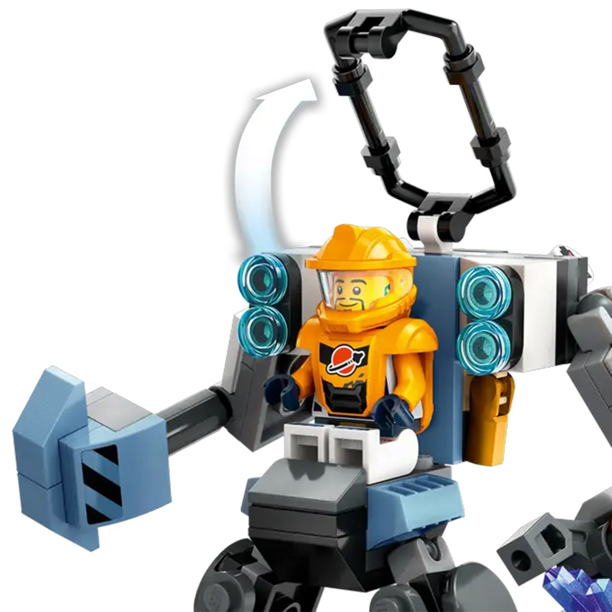 A LEGO® Space Construction Mech minifigure in orange pilots a blue and gray mech with claw hands, cockpit, and crystal—perfect for space adventures. Explore more ways to build with the LEGO Builder app!.