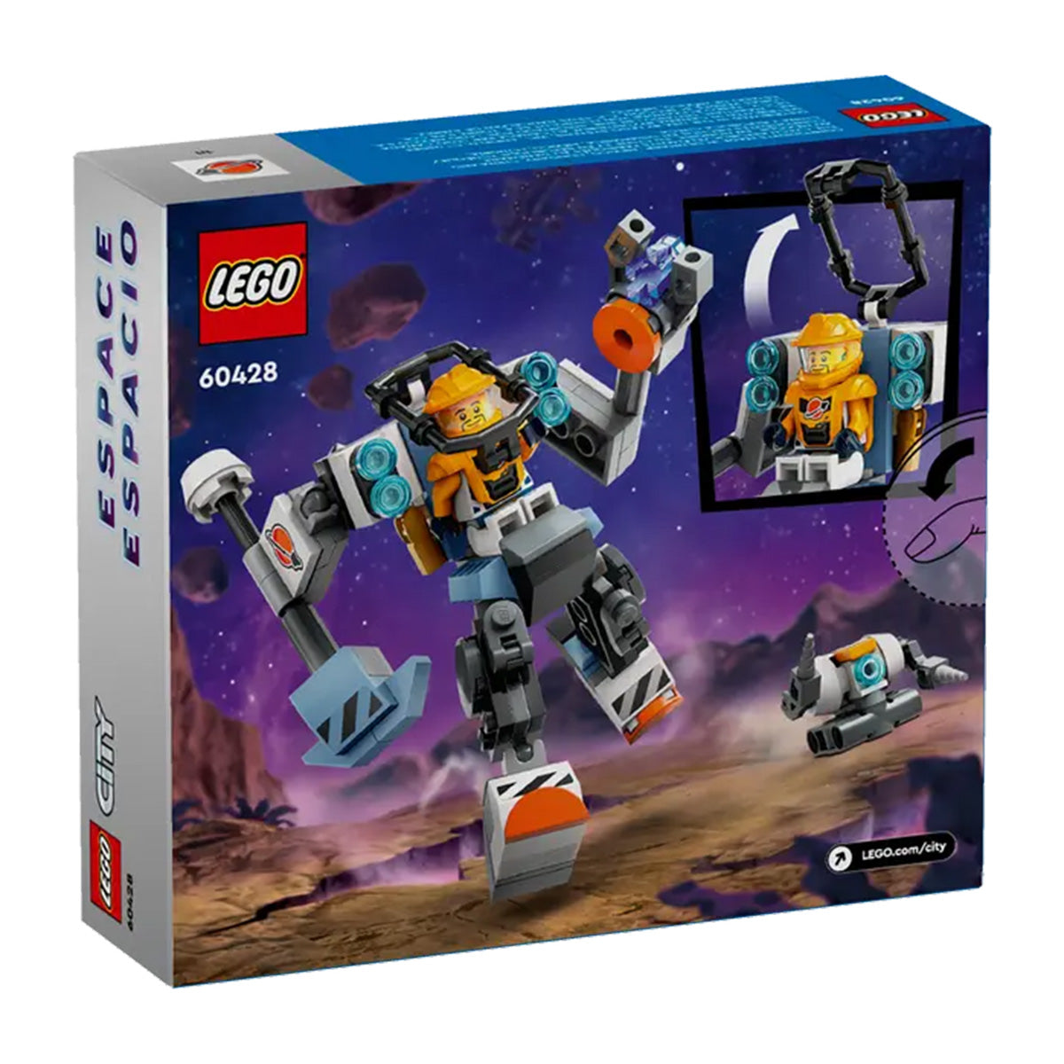 The LEGO® Space Construction Mech set by LEGO features a mech with a pilot minifigure and rover on an alien landscape. Create epic space adventures and build more using the LEGO Builder app!.