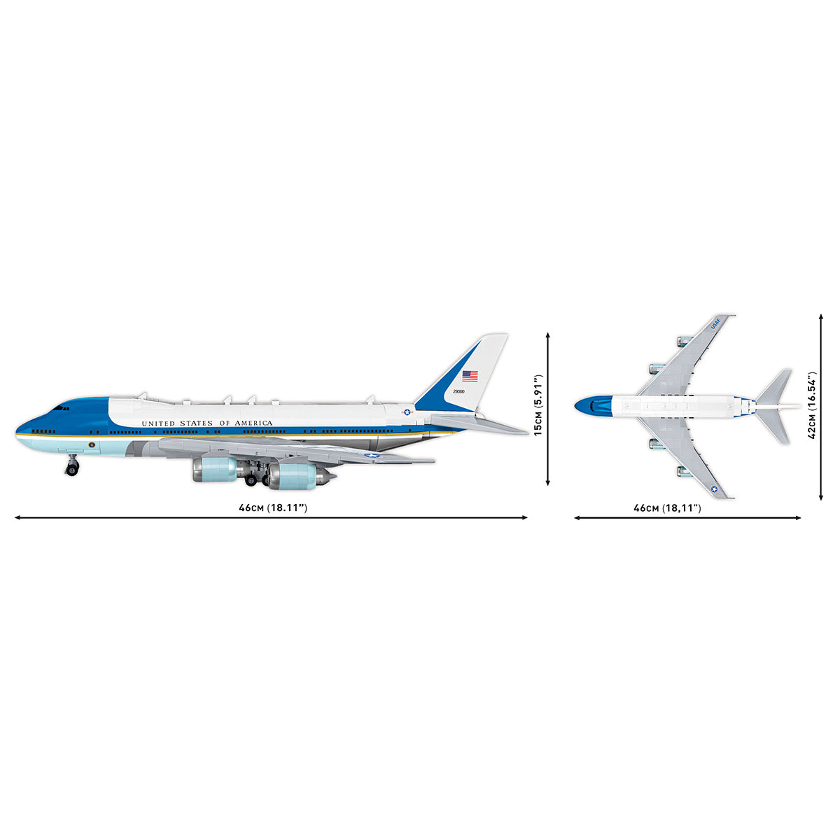 Diagram illustrating the COBI Boeing 747 Air Force One Builder Set by Boeing, showing side and top views. Dimensions include a length of 46 cm (18.11 inches) and width of 43.5 cm (17.13 inches), showcasing the iconic blue and white design.