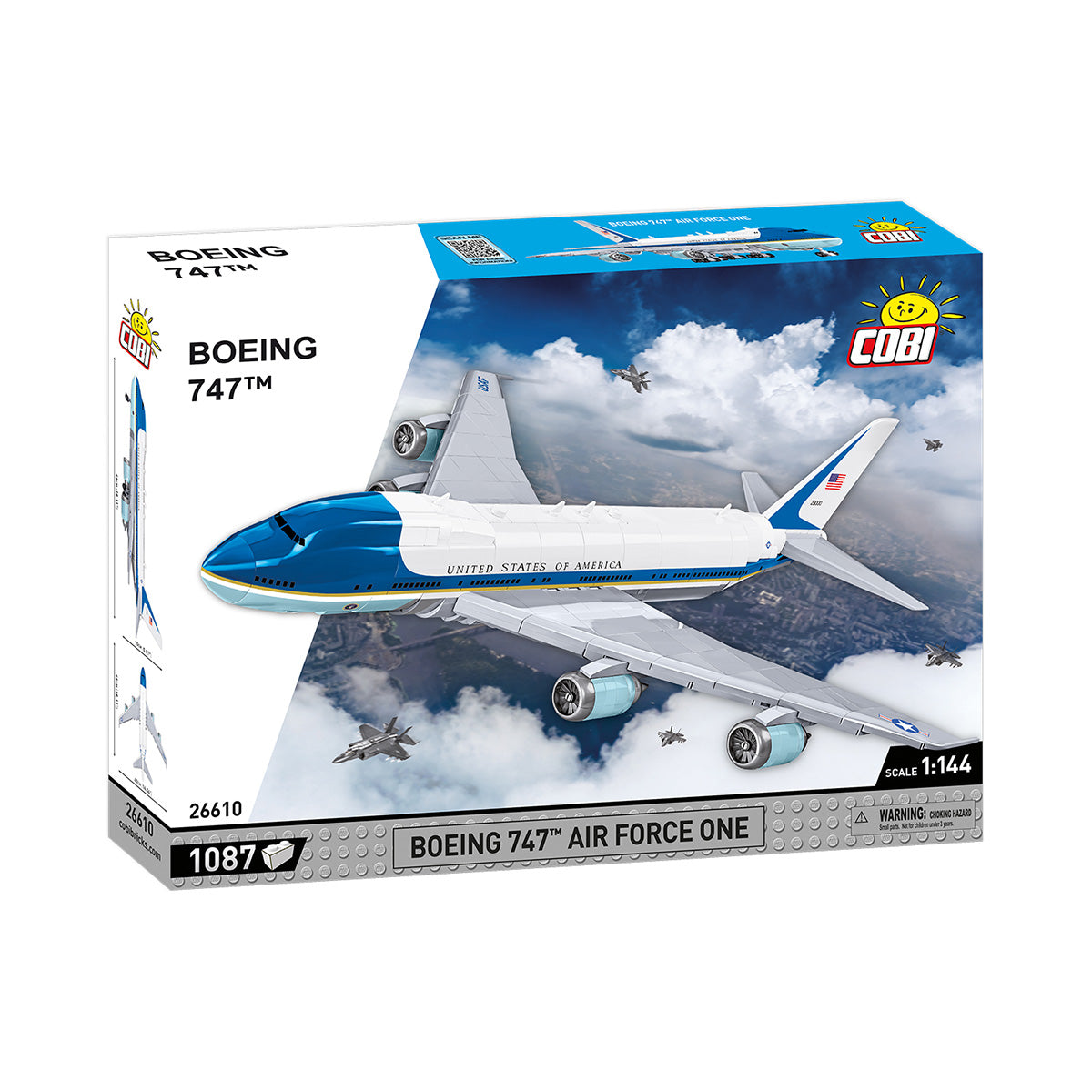 The COBI Boeing 747 Air Force One Builder Set by Boeing features a detailed block model of the iconic aircraft with a cloudy sky backdrop. The packaging highlights Boeing 747, United States of America, and Scale: 1:144. It includes model number 26610 with 1087 pieces.