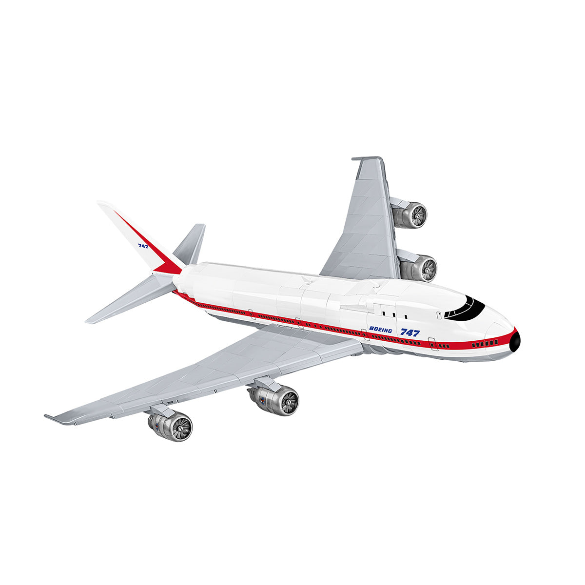 The COBI Boeing 747 First Flight Builder Set is a collectible model airplane at a 1:144 scale, featuring a sleek white body, red and blue detailing, four under-wing engines, and proudly displaying Boeing 747 on the fuselage.