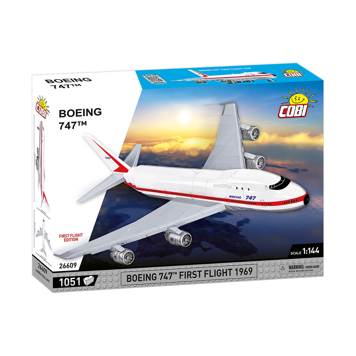 The COBI Boeing 747 First Flight Builder Set by COBI features a 1:144 scale model of the Boeing 747 with red and white stripes, capturing its inaugural flight in 1969, and includes an impressive 1051 pieces.