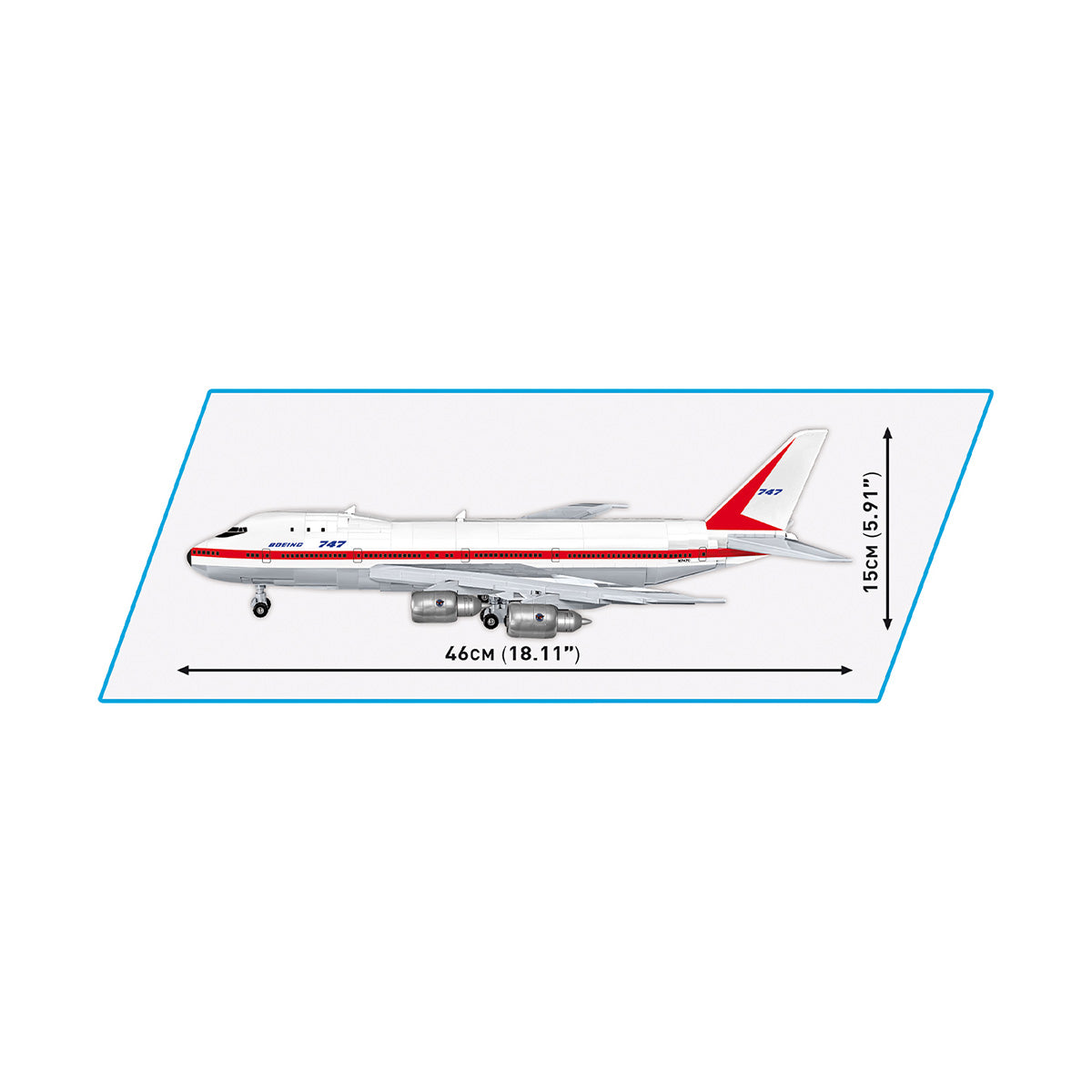 Illustration of the COBI Boeing 747 First Flight Builder Set within a blue-bordered rectangle, showcasing precise detail at a 1:144 scale with dimensions: length 46 cm (18.11 inches) and width 11 cm (5.97 inches).