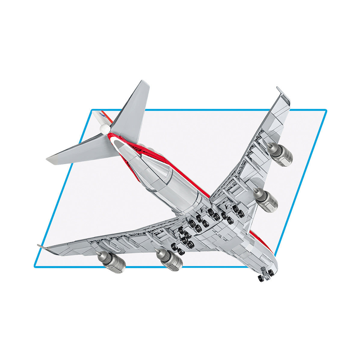 The COBI Boeing 747 First Flight Builder Set features a 1:144 scale model airplane with a metallic silver body and red stripe, showcasing a Boeing 747. Seen in mid-flight against white with blue accents, it highlights its four engines and tail vertical stabilizers.