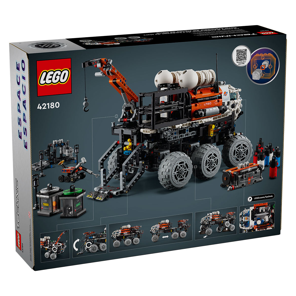 Back of LEGO® Mars Crew Exploration Rover set, featuring its six wheels, robotic arm, and science equipment. The box showcases its play features, making it a standout LEGO space toy for any collection.