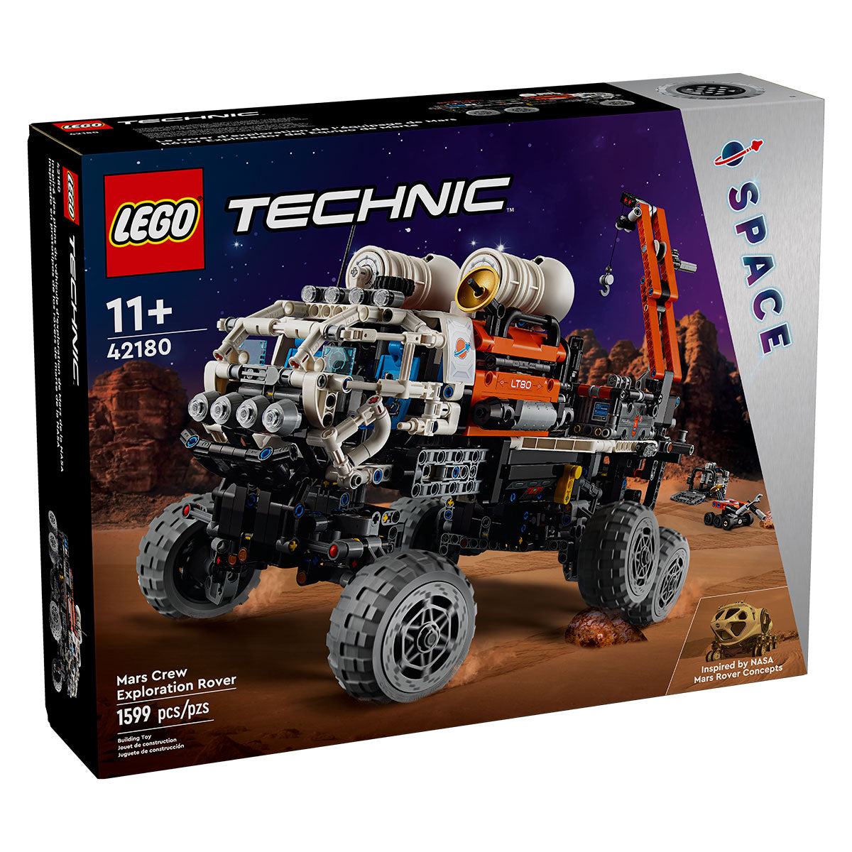 The LEGO® Mars Crew Exploration Rover set box features a detailed rover model, Mars landscape, NASA-style badge, and labels (ages 11+, 42180, 1599 pieces)—a stellar addition to any space-themed LEGO collection.