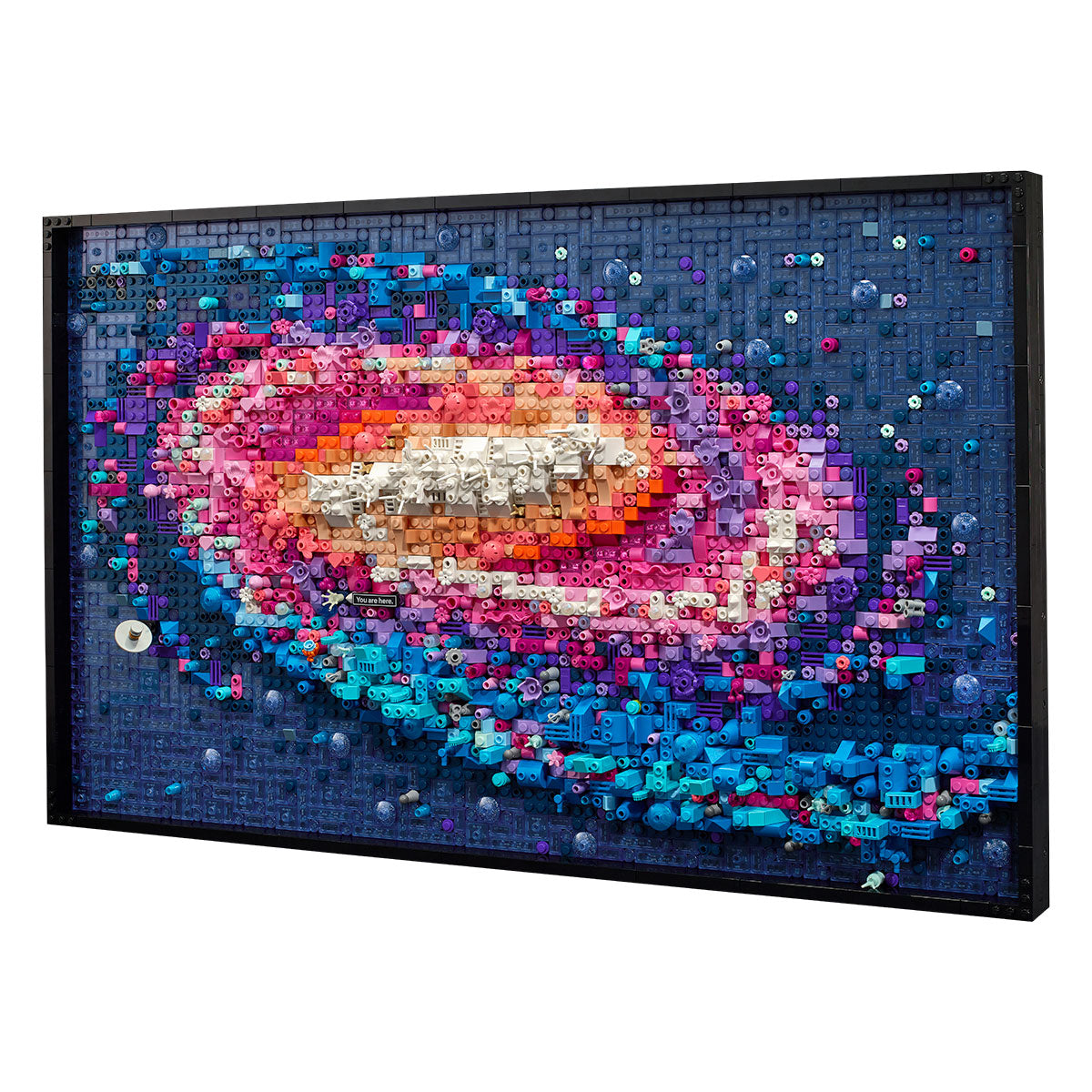 Build a vibrant spiral galaxy with the LEGO® The Milky Way Galaxy wall art kit by LEGO, featuring swirling blue, pink, purple, orange, and white arms against a dark blue background in a black frame—an eye-catching home decor gift.