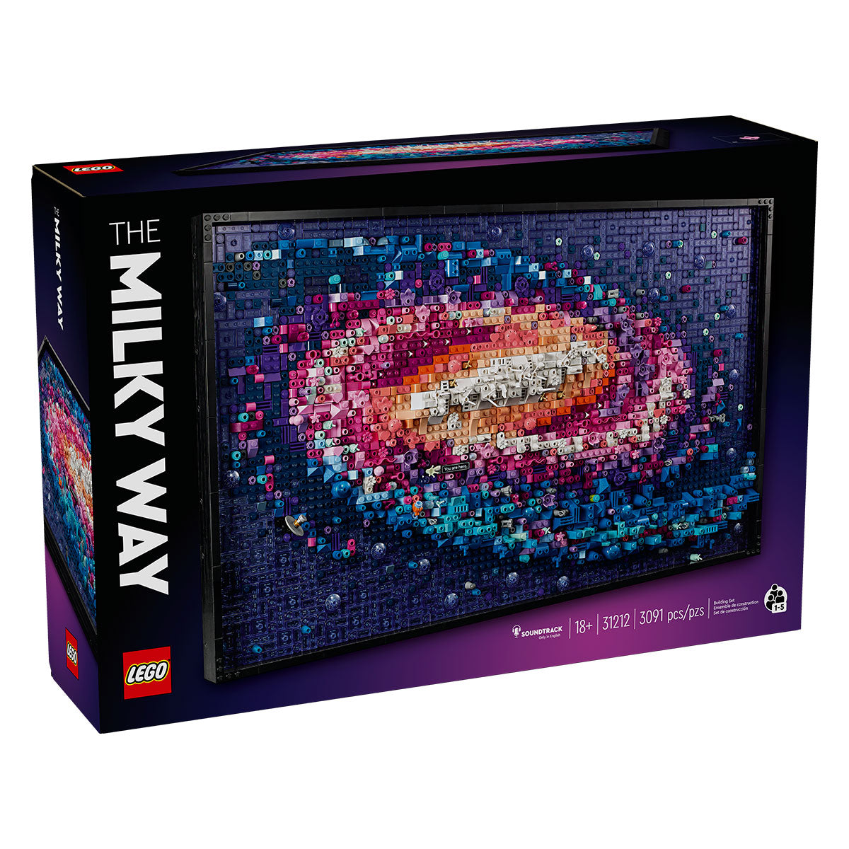 The LEGO® The Milky Way Galaxy wall art kit features a vibrant brick mosaic of the galaxy. With 3,091 pieces, it’s a unique home décor gift for ages 18+, featuring LEGO and The Milky Way branding.