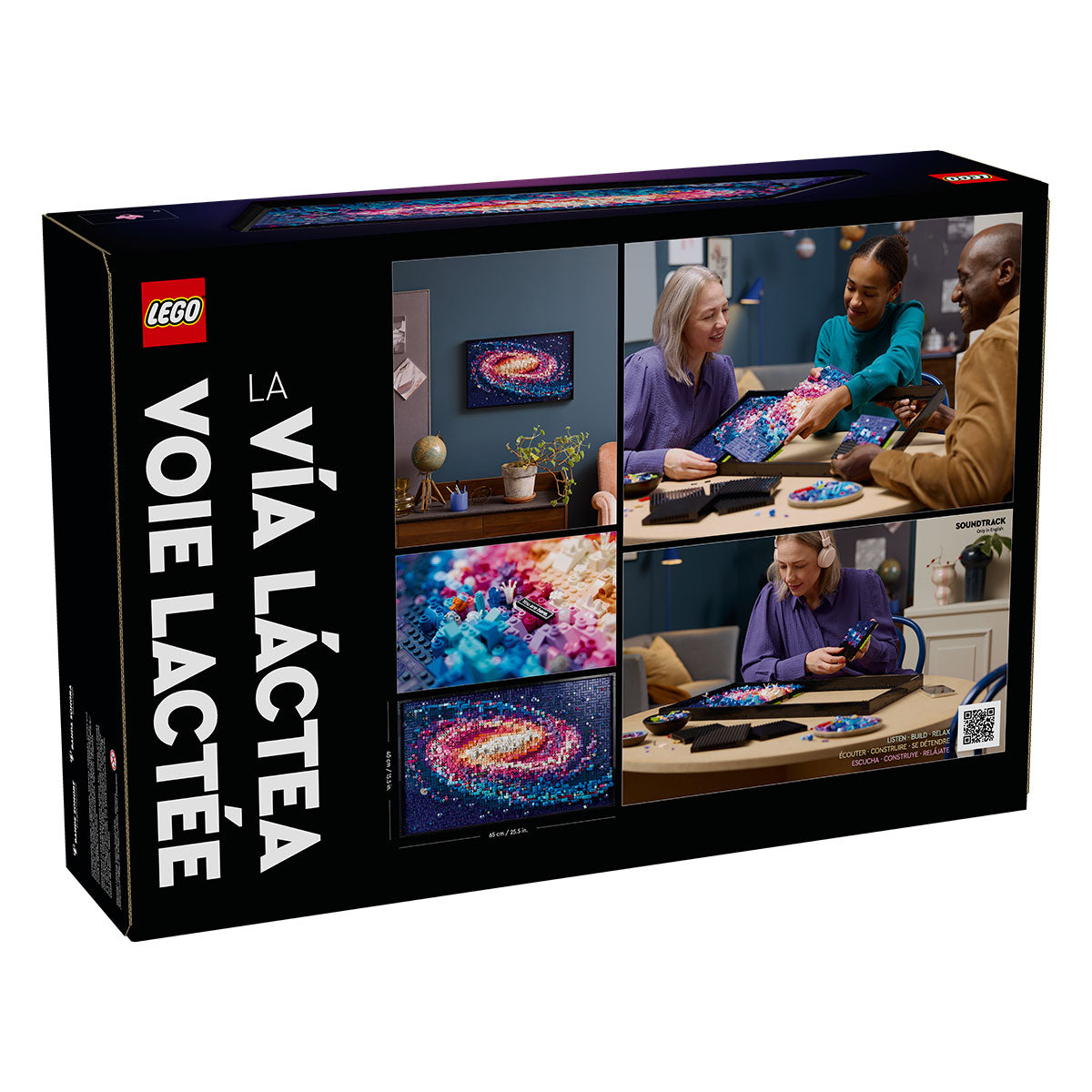 The LEGO® The Milky Way Galaxy box displays a detailed galaxy mosaic with vibrant bricks and shows people building this wall art. The text “LA VÍA LÁCTEA VOIE LACTÉE” is featured—a great home decor gift for space and LEGO fans.