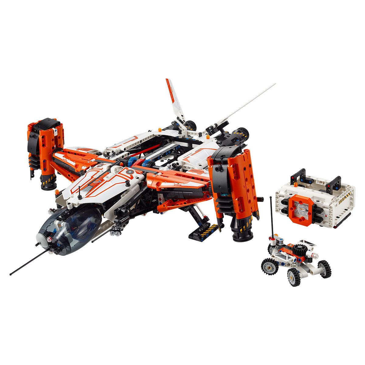 The LEGO® VTOL Heavy Cargo Spaceship LT81 by LEGO features a futuristic orange-and-white aircraft with tilting rotors, a mini space rover, and a white control hub.