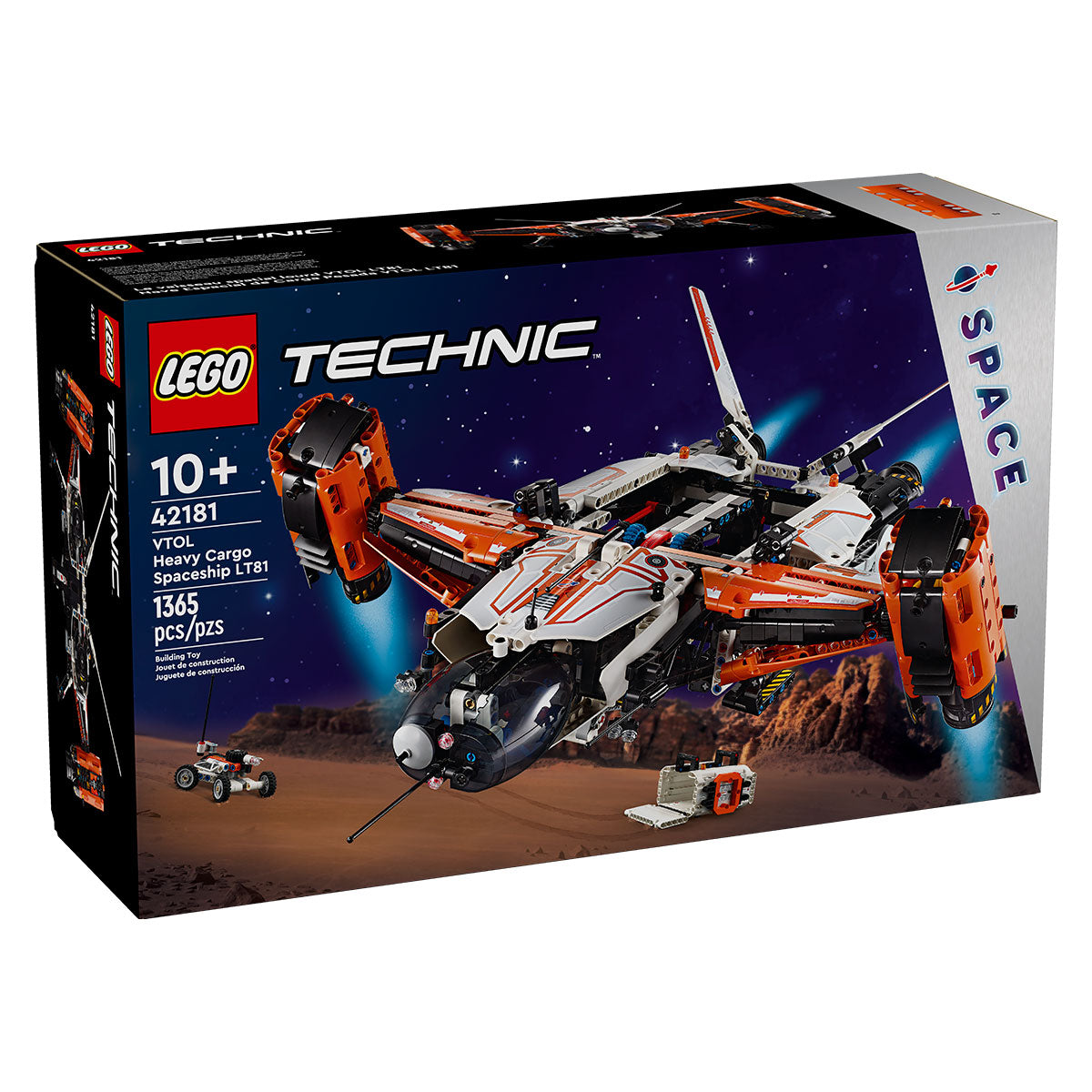 The LEGO® VTOL Heavy Cargo Spaceship LT81 by LEGO features an orange, white, and black spaceship with a mini space rover flying over a rocky planet. The set has 1365 pieces and is recommended for ages 10+.