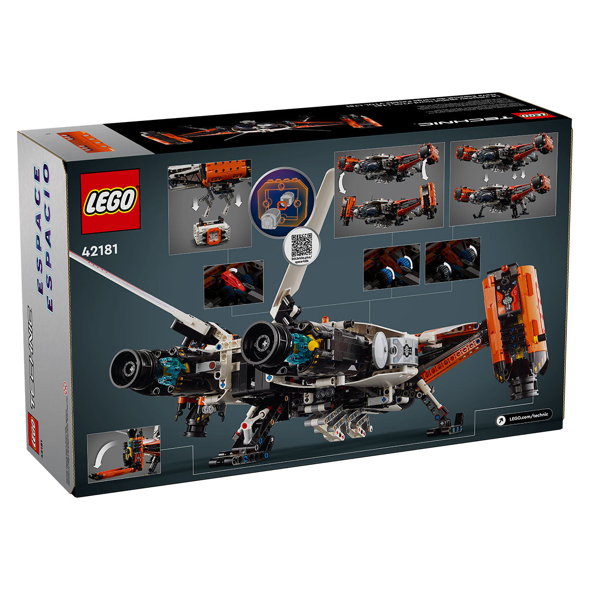 The back of a LEGO® VTOL Heavy Cargo Spaceship LT81 box displays the built ship with movable parts, feature close-ups such as the mini space rover, and is set against a dark background.