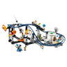 The LEGO® Space Roller Coaster by LEGO features a blue track, white rocket, astronauts, control center, satellites, and space accessories—ideal for fans of amusement park rides and cosmic adventures.