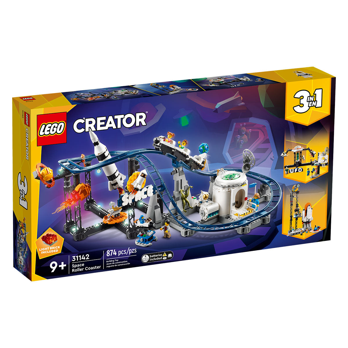 The LEGO® Space Roller Coaster by LEGO lets space fans age 9+ build a thrilling ride with 874 pieces and minifigures. This Creator 3-in-1 set offers fun, space-themed alternate builds for hours of amusement park adventure.